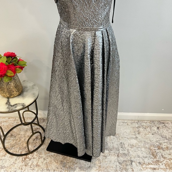 Mac Duggal Metallic Silver Brocade One Shoulder Bow Tea Length Dress - Reemoly